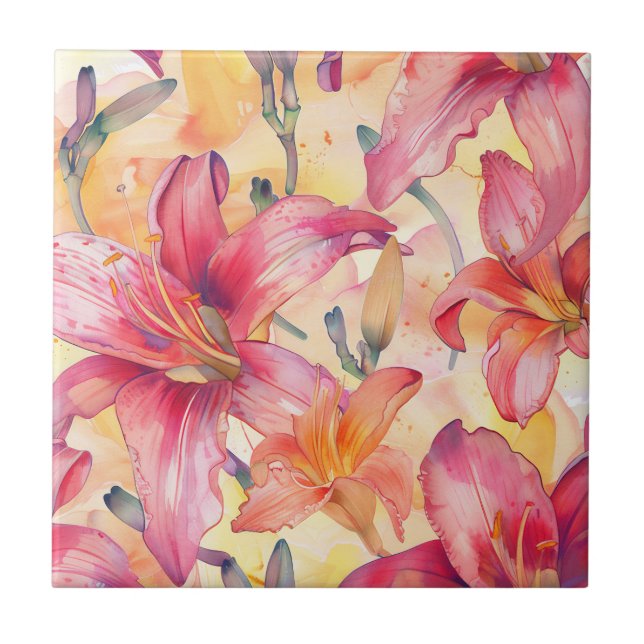 Pink Yellow Daylilies Ceramic Tile (Front)