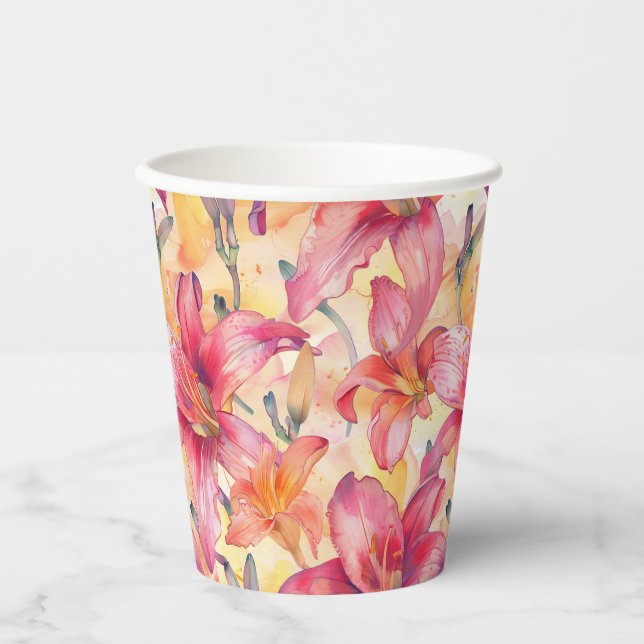 Pink Yellow Daylilies Paper Cups (Front)