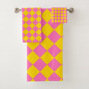 Pink Yellow Diamond Harlequin Checker Pattern Bath Towel Set