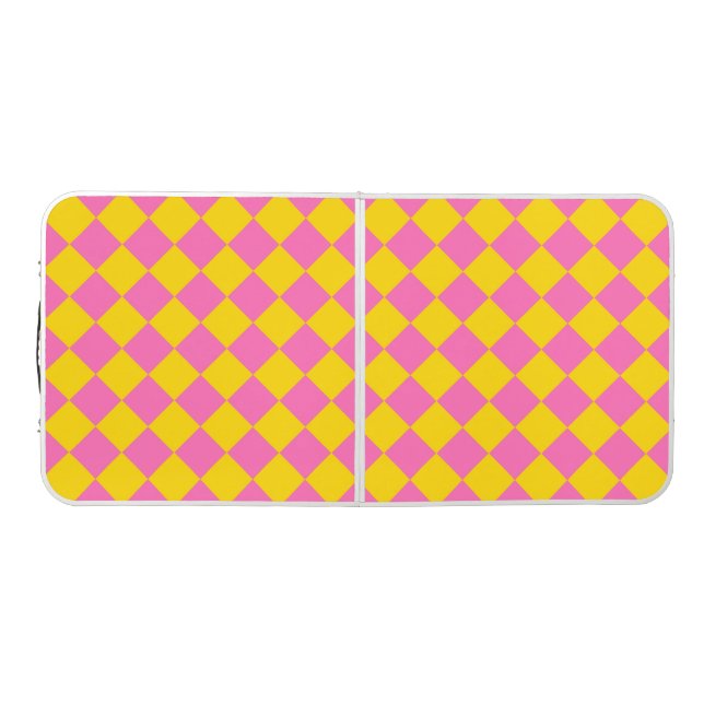 Pink Yellow Diamond Harlequin Checker Pattern Beer Pong Table (Top)