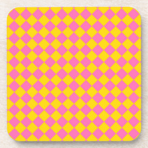 Pink Yellow Diamond Harlequin Checker Pattern Beverage Coaster