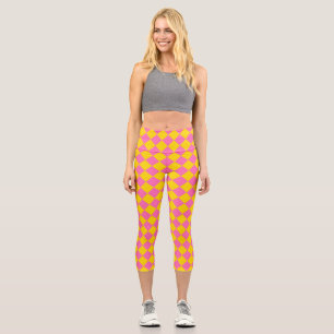 Pink Yellow Diamond Harlequin Checker Pattern Capri Leggings
