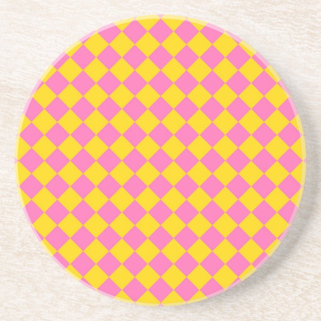 Pink Yellow Diamond Harlequin Checker Pattern Coaster (Front)