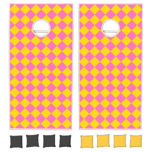 Pink Yellow Diamond Harlequin Checker Pattern Cornhole Set