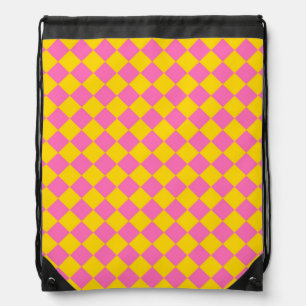 Pink Yellow Diamond Harlequin Checker Pattern Drawstring Bag