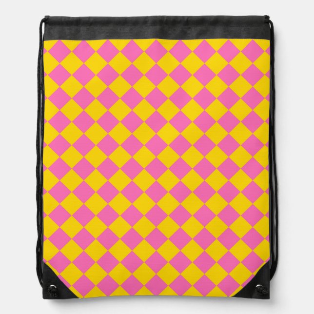 Pink Yellow Diamond Harlequin Checker Pattern Drawstring Bag (Front)