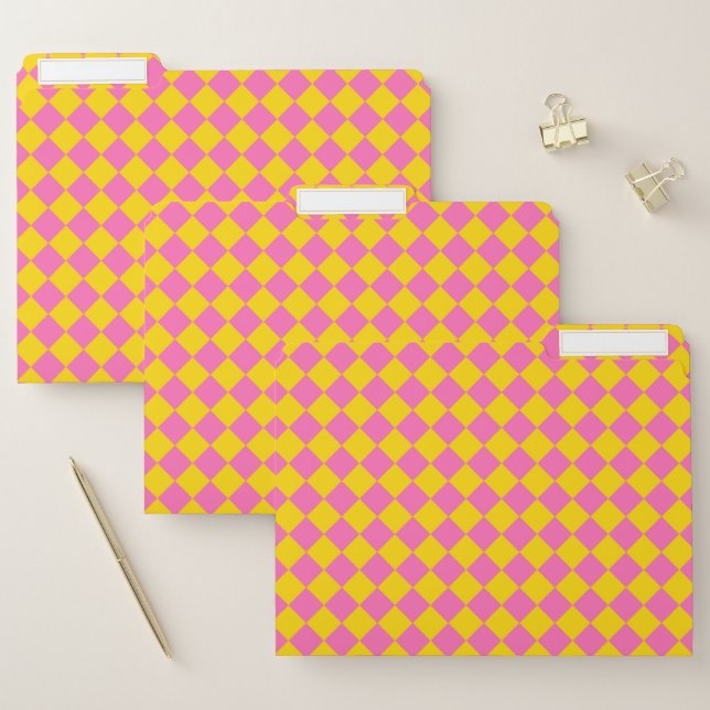 Pink Yellow Diamond Harlequin Checker Pattern File Folder (Set)