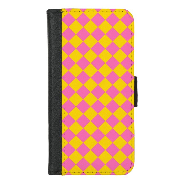 Pink Yellow Diamond Harlequin Checker Pattern iPhone Wallet Case (Front)