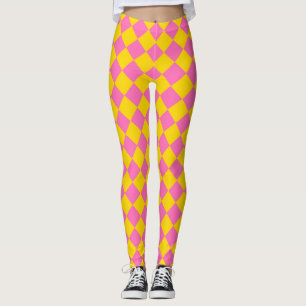 Pink Yellow Diamond Harlequin Checker Pattern Leggings