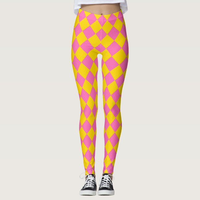 Pink Yellow Diamond Harlequin Checker Pattern Leggings (Front)