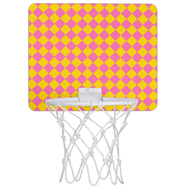 Pink Yellow Diamond Harlequin Checker Pattern Mini Basketball Hoop (Front)