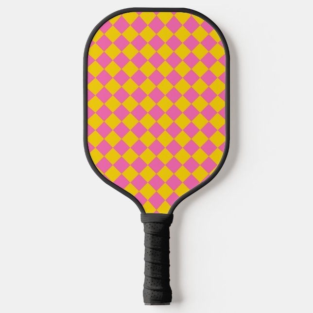 Pink Yellow Diamond Harlequin Checker Pattern Pickleball Paddle (Front)