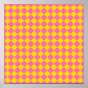 Pink Yellow Diamond Harlequin Checker Pattern Poster