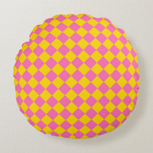 Pink Yellow Diamond Harlequin Checker Pattern Round Pillow
