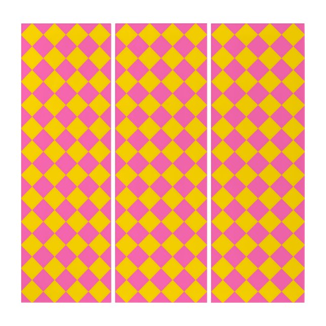 Pink Yellow Diamond Harlequin Checker Pattern Triptych (Front)