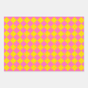 Pink Yellow Diamond Harlequin Checker Pattern Wrapping Paper Sheets