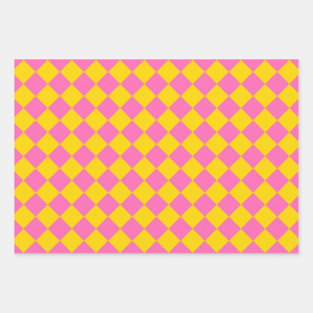 Pink Yellow Diamond Harlequin Checker Pattern Wrapping Paper Sheets (Front)
