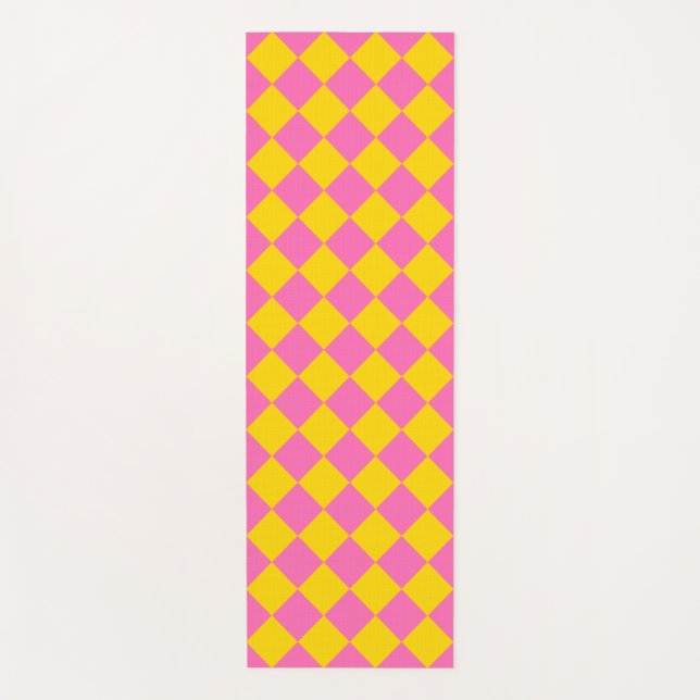 Pink Yellow Diamond Harlequin Checker Pattern Yoga Mat (Front)