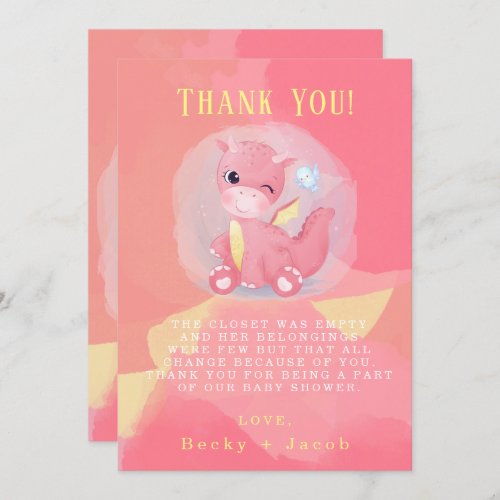 Pink Yellow Dinosaur Baby Shower Thank You Card