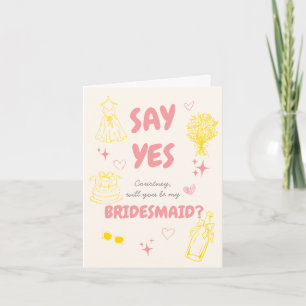 Pink + Yellow Doodle Bridesmaid Proposal Card