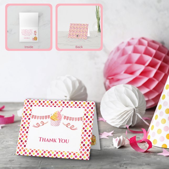 Pink Yellow Dot Cake Cupcake Thank You Card (Pink Yellow Birthday Party Thank You Card)