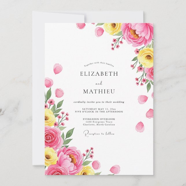 Pink Yellow Exuberant Spring Wedding Invitation (Front)