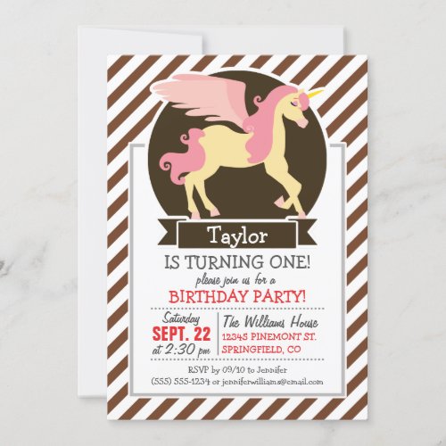 Pink  Yellow Fantasy Unicorn Brown White Stripes Invitation