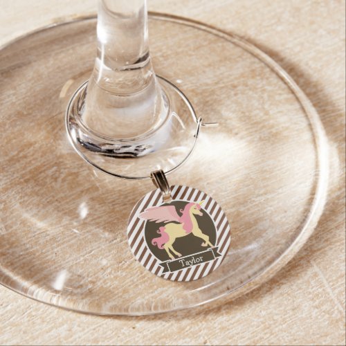 Pink  Yellow Fantasy Unicorn Brown White Stripes Wine Glass Charm