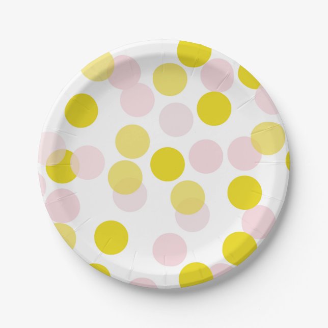 Pink & Yellow Festive Polka Dots Confetti Pattern Paper Plates (Front)
