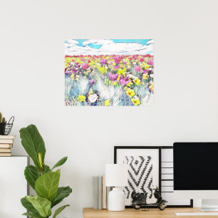 Pink Yellow Field of Tulips Retro Drawing   Poster