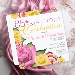 Pink Yellow Floral 85th Birthday Celebration Invitation