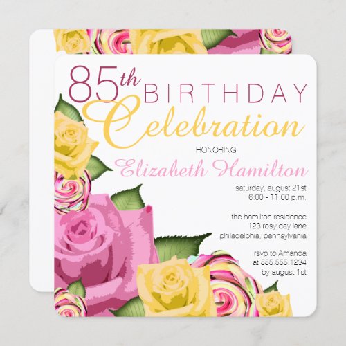 Pink  Yellow Floral 85th Birthday Celebration Invitation