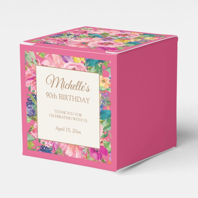 Pink Yellow Floral 90th Birthday Favor Boxes (Front Side)