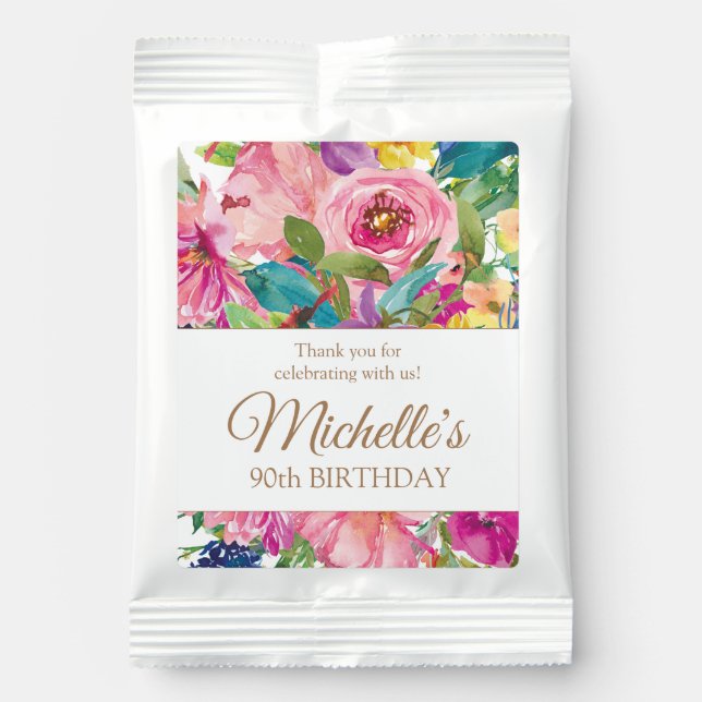 Pink Yellow Floral 90th Birthday Margarita Drink Mix (Front)