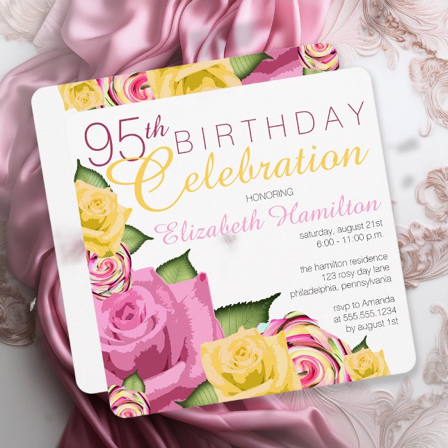 Pink | Yellow Floral 95th Birthday Celebration Invitation (Elegant Pink and Yellow Floral 95th Birthday Celebration Invitation - Print | Digital Download)