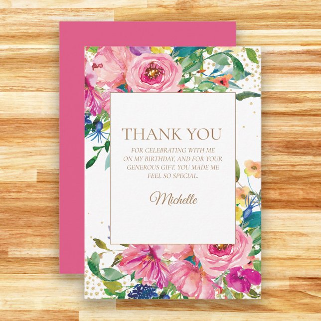 Pink Yellow Floral Birthday Thank You Card (Pink and blue watercolor floral birthday party thank you card)