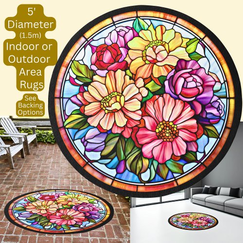 Pink Yellow Floral Bouquet Circular Round Area Rug