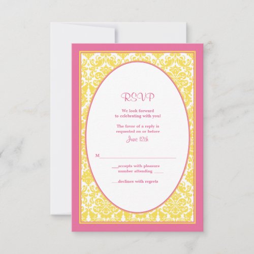 Pink Yellow Floral Damask Wedding Reply Card Invitations