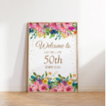 Pink Yellow Floral Glitter 50th Birthday Welcome Poster<br><div class="desc">Elegant and colorful pink,  blue,  and yellow watercolor floral with gold glitter 50th birthday party "Welcome" poster for women. Customize your text for anyone of any age. Contact the designer for help with customization or to request matching or coordinating products.</div>