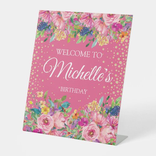 Pink Yellow Floral Glitter Birthday Welcome Name Pedestal Sign
