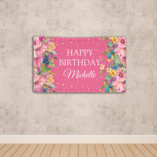 Pink Yellow Floral Glitter Happy Birthday Banner