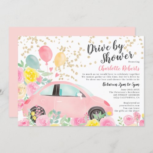 Pink yellow floral gold car bridal drive by shower invitation