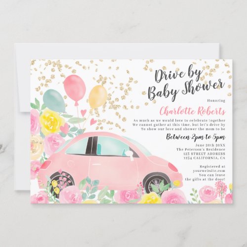 Pink yellow floral gold car drive by baby shower invitation
