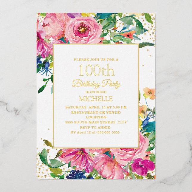 Pink Yellow Floral Gold Glitter 100th Birthday Foil Invitation (Front)