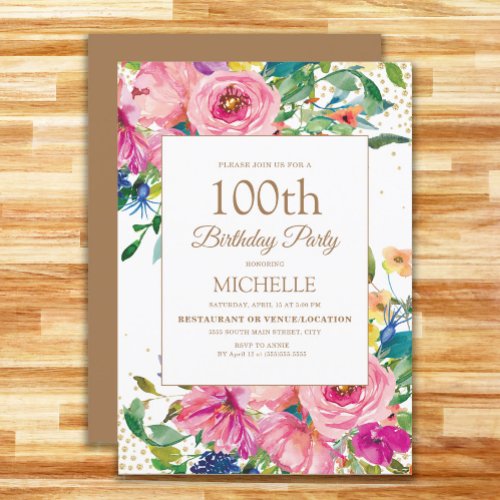 Pink Yellow Floral Gold Glitter 100th Birthday Invitation
