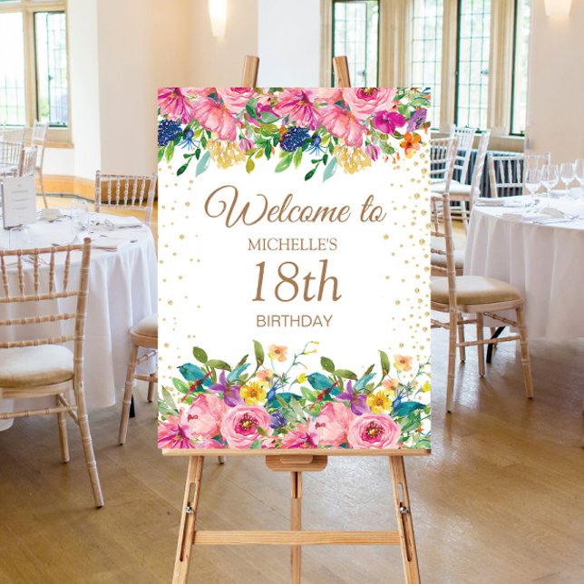 Pink Yellow Floral Gold Glitter 18th Birthday Foam Board (Pink, blue, yellow floral birthday party welcome sign)