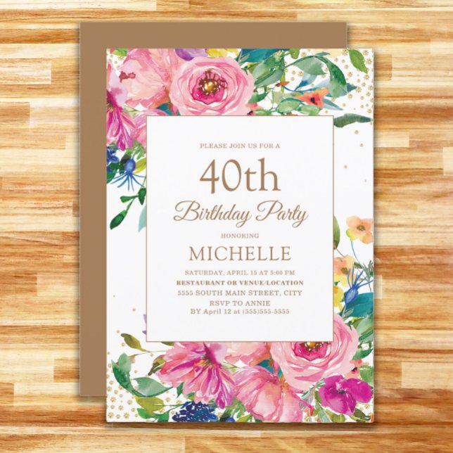 Pink Yellow Floral Gold Glitter 40th Birthday Invitation (Pink, yellow, and blue floral women's 40th birthday party invitation)