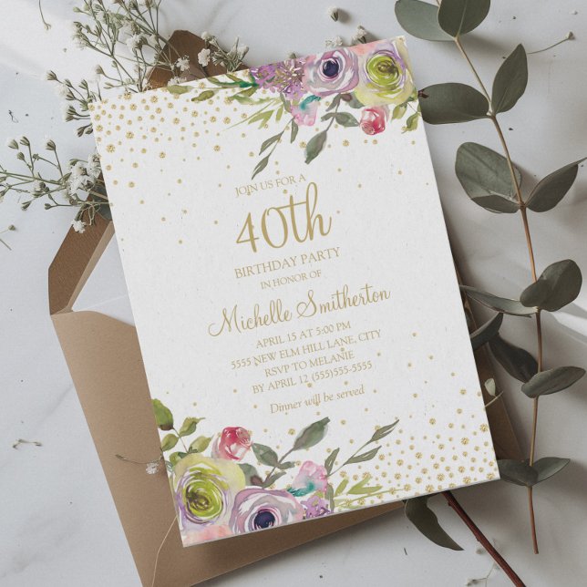 Pink Yellow Floral Gold Glitter 40th Birthday Invitation (Pink, purple, yellow watercolor floral 40th birthday party invitation)