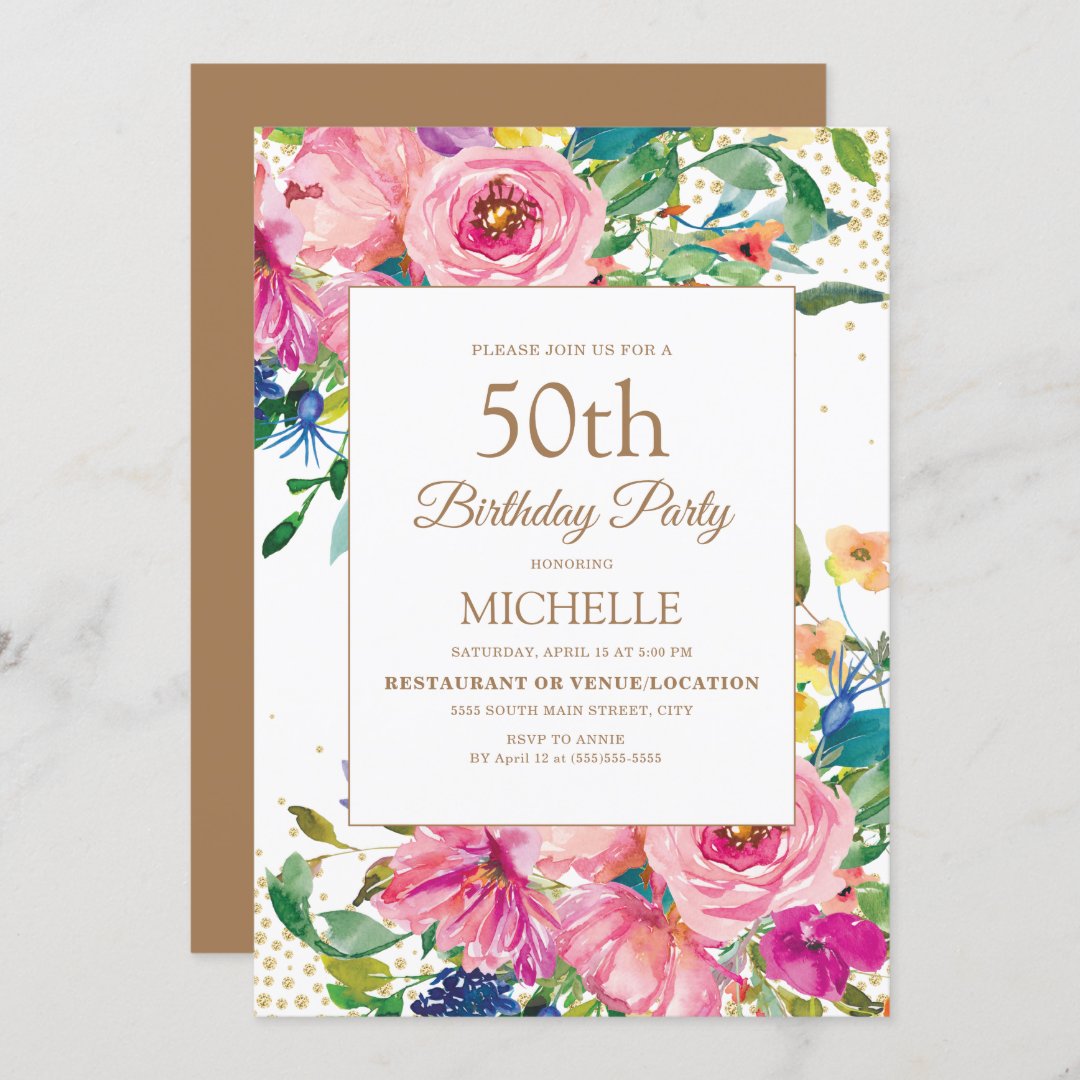 Pink Yellow Floral Gold Glitter 50th Birthday Invitation | Zazzle