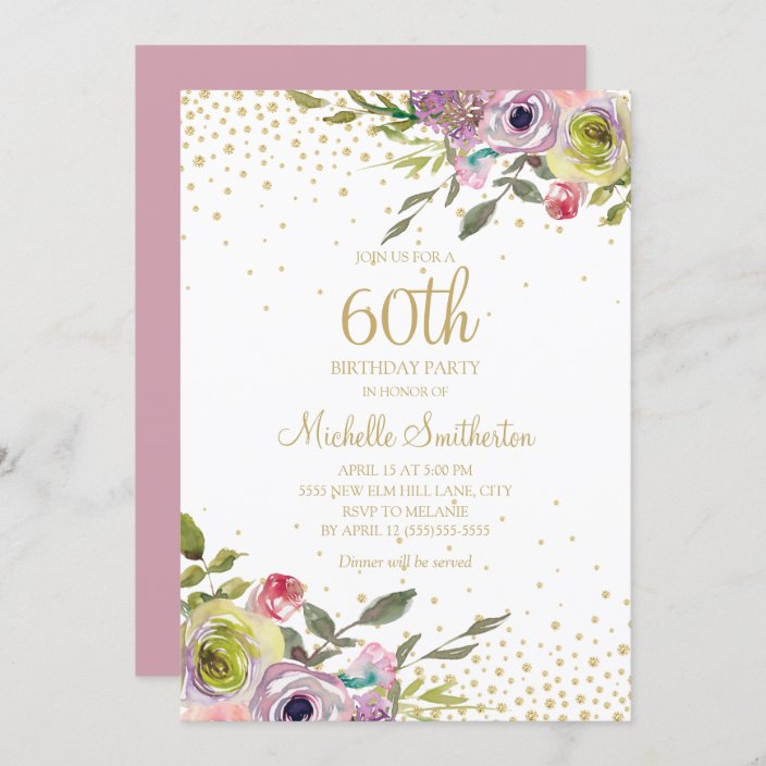 Pink Yellow Floral Gold Glitter 60th Birthday Invitation | Zazzle